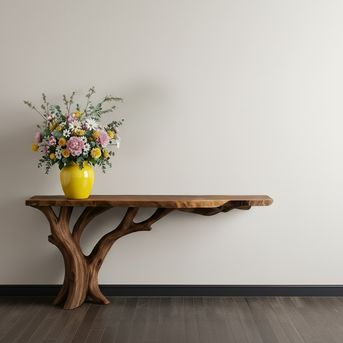 Handcrafted Solid Wood Console Table with Organic Branch Base and Live Edge Top Lynnsnail