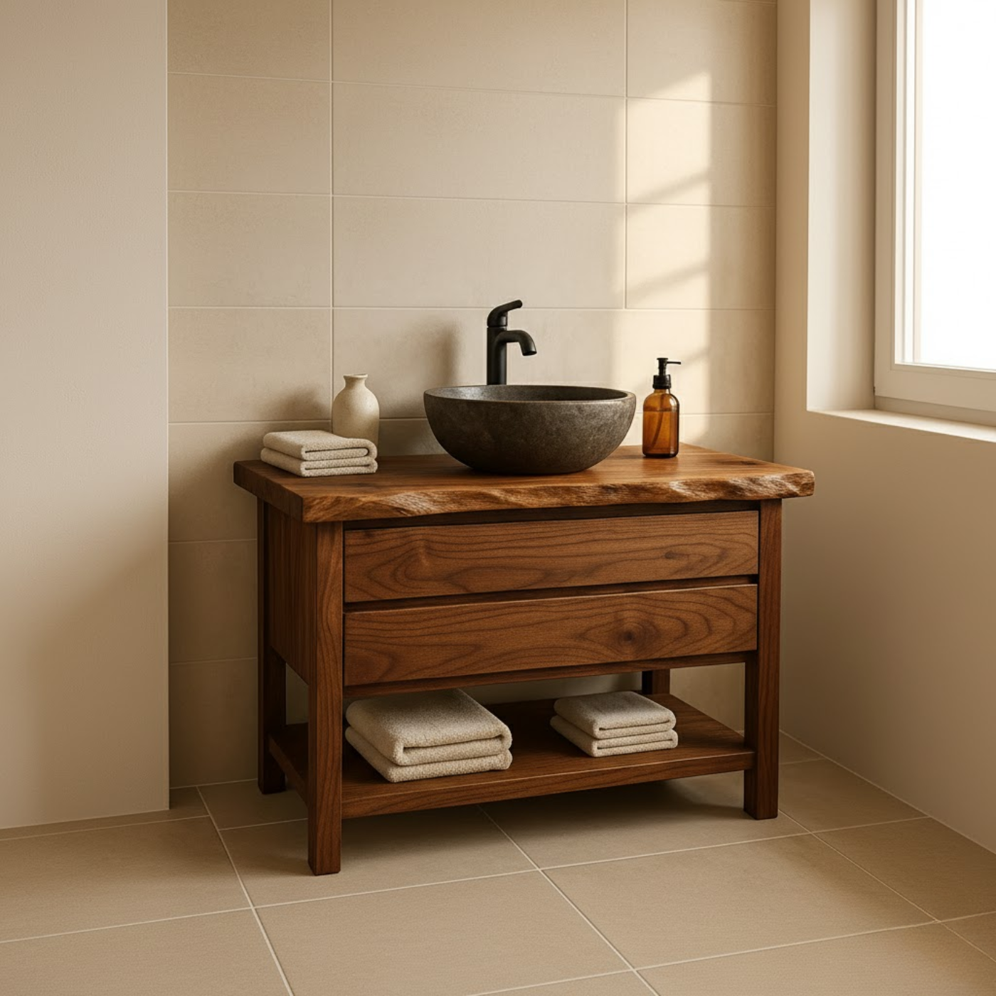 Handcrafted Solid Wood Bathroom Vanity - Live Edge Dark Wood Cabinet & Open Shelf Lynnsnail