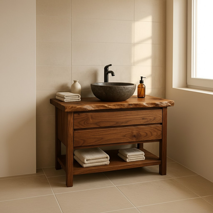 Handcrafted Solid Wood Bathroom Vanity - Live Edge Dark Wood Cabinet & Open Shelf Lynnsnail