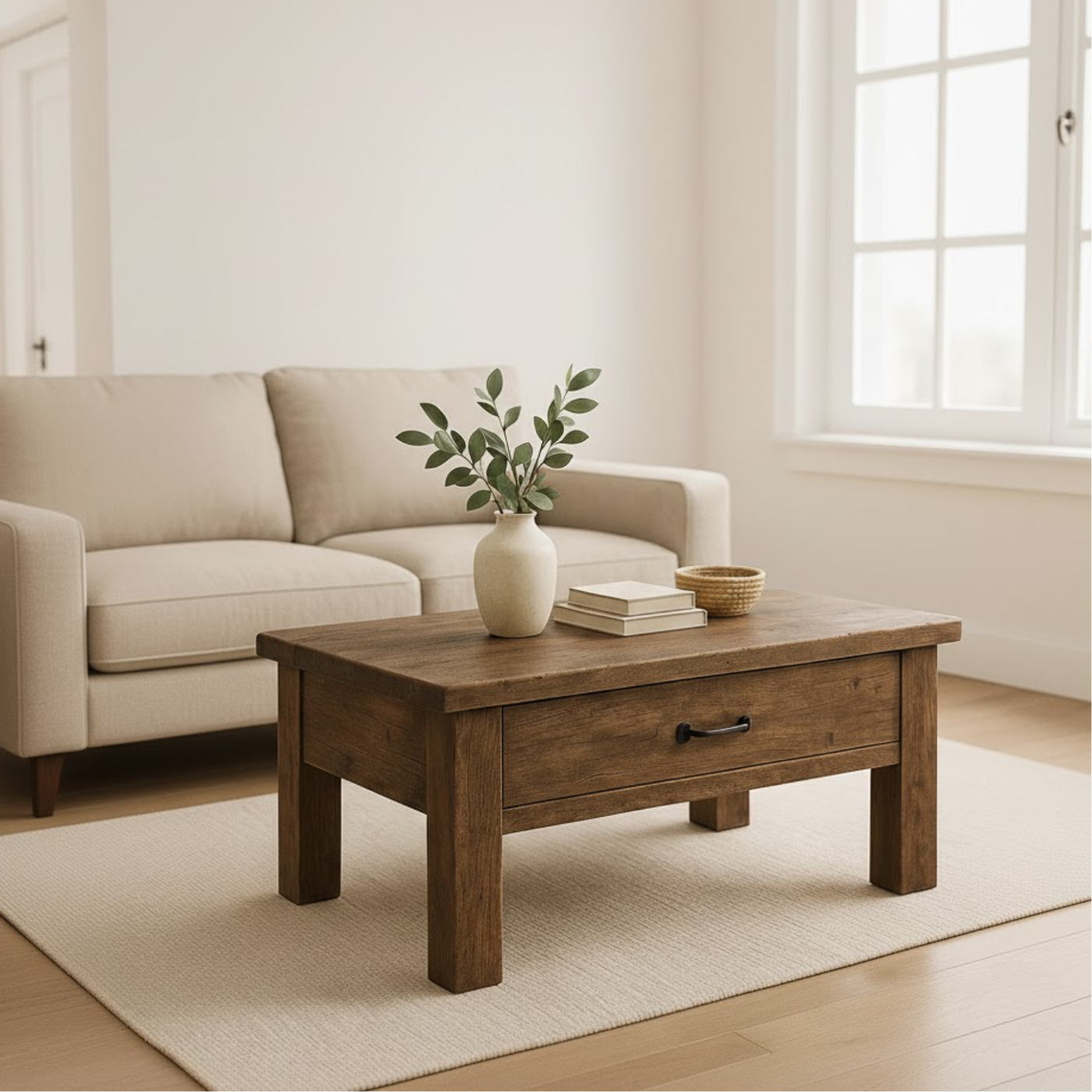 Handcrafted Solid Wood Coffee Table – Rustic Modern Storage with Single Drawer Lynnsnail