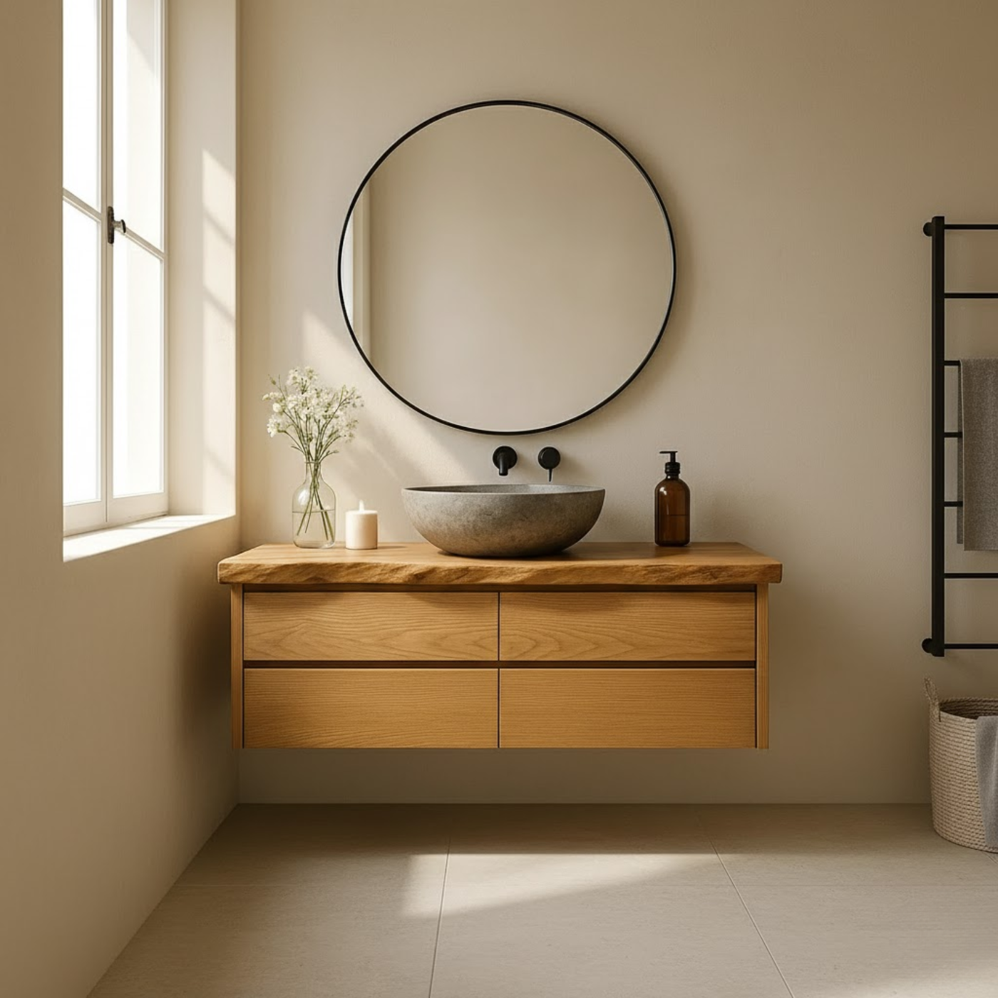 Handcrafted Solid Wood Floating Bathroom Vanity with Live Edge Top - Minimalist Modern Design Lynnsnail