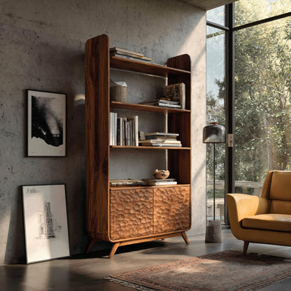 Contemporary Wooden Bookshelf With Sculpted Door Panels For Living Lynnsnail