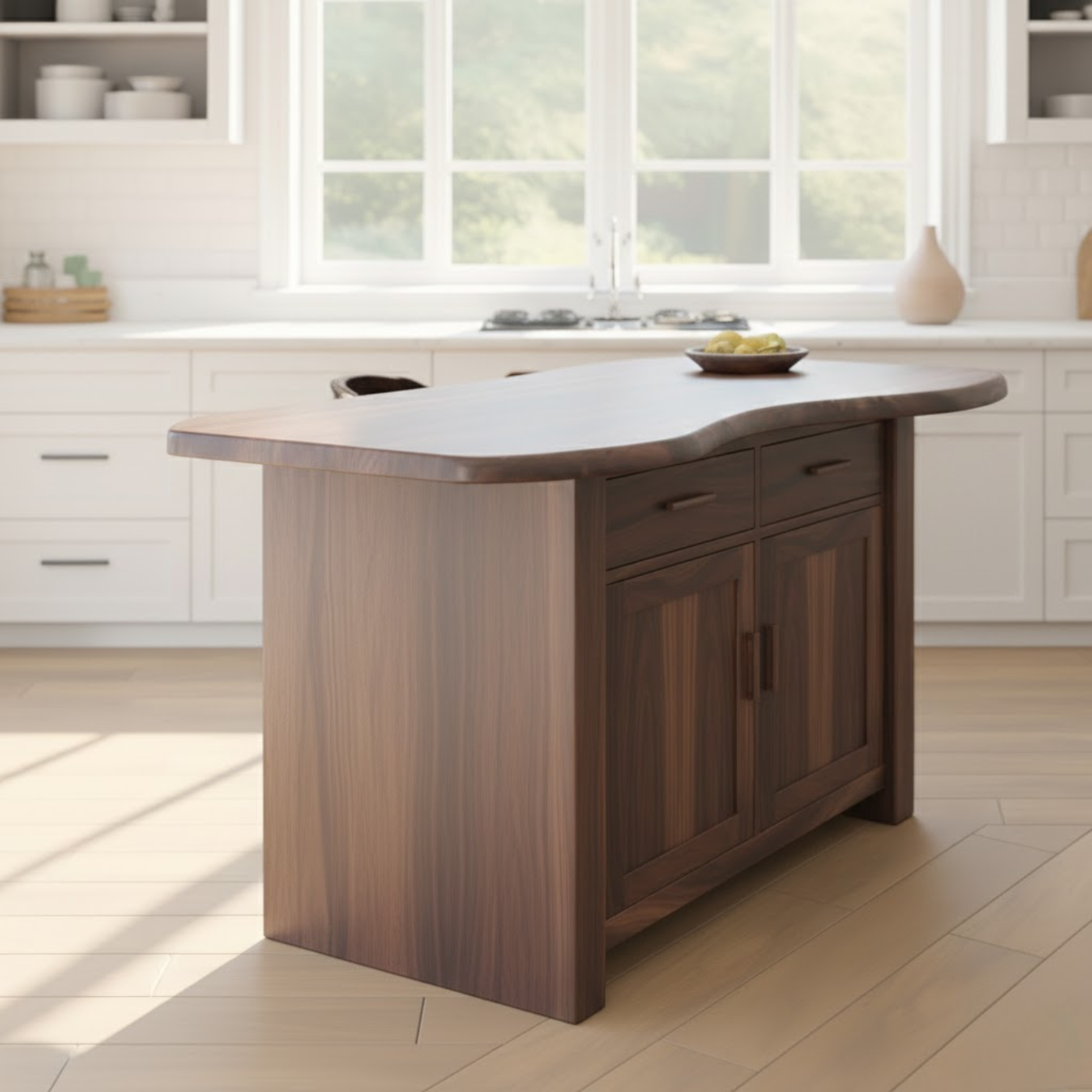 Handcrafted Solid Wood Kitchen Island with Live-Edge Curved Top and Spacious Storage Lynnsnail
