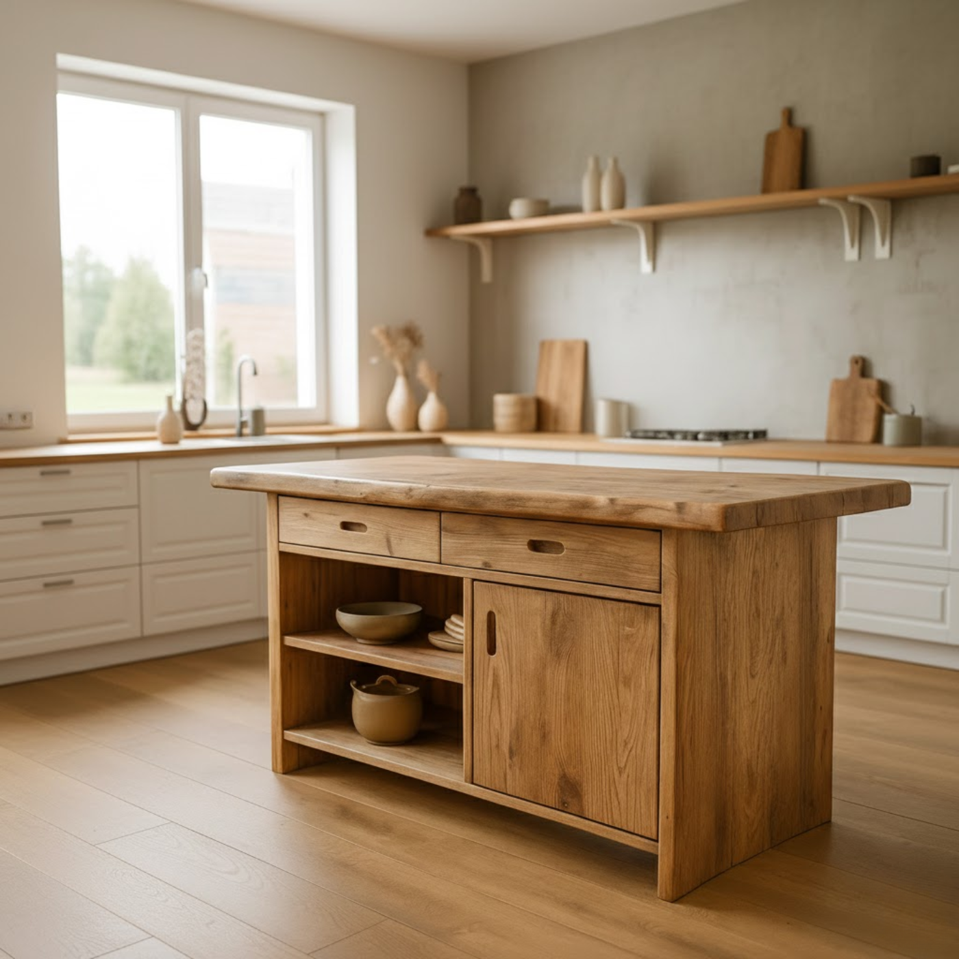 Handcrafted Solid Wood Kitchen Island with Open Shelves and Sliding-Door Storage Lynnsnail