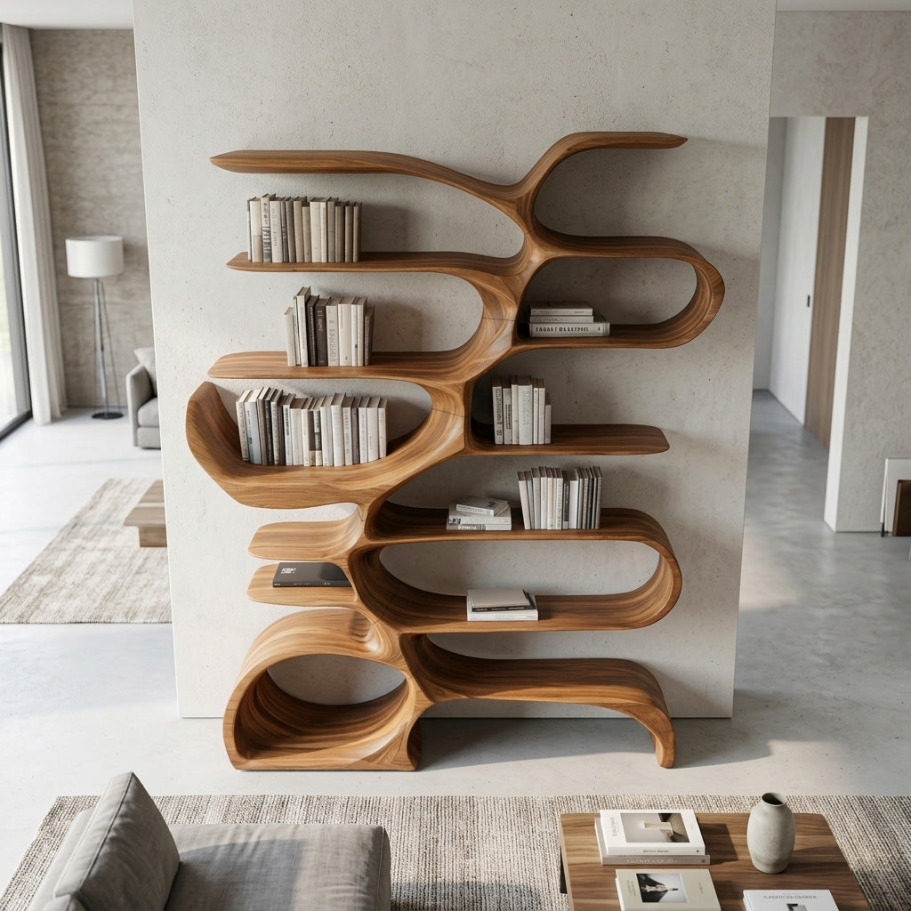 Sculptural Wooden Bookcase For Modern Living Room Storage Lynnsnail