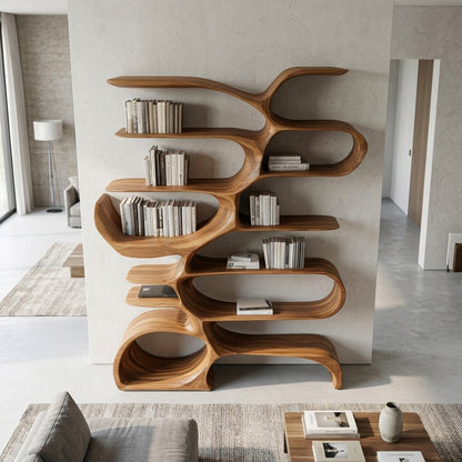 Sculptural Wooden Bookcase For Modern Living Room Storage Lynnsnail