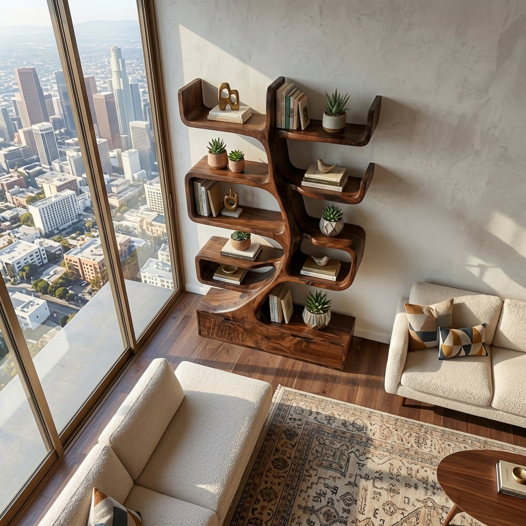 Wooden Bookcase With Tiers And Built-in Drawers For Home Lynnsnail