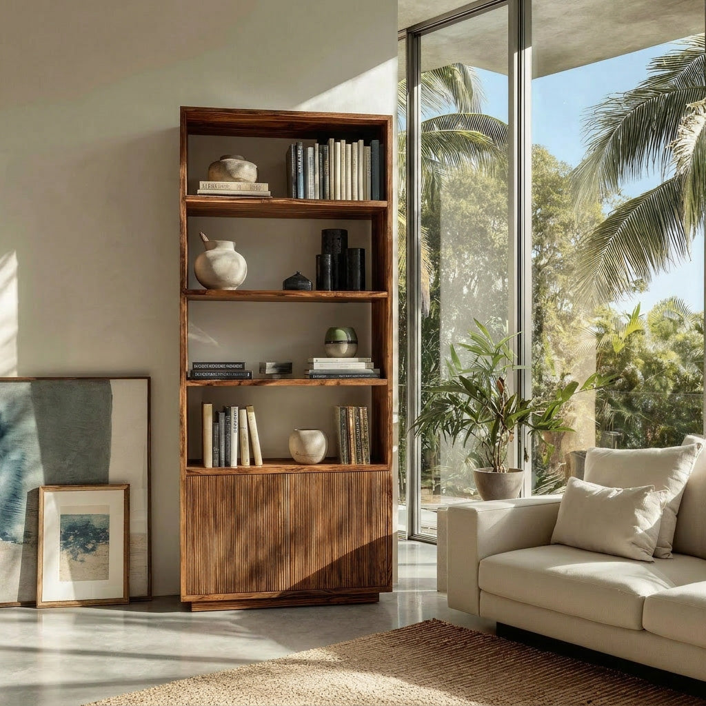 Minimal Wooden Bookcase For Coastal Living Room Lynnsnail