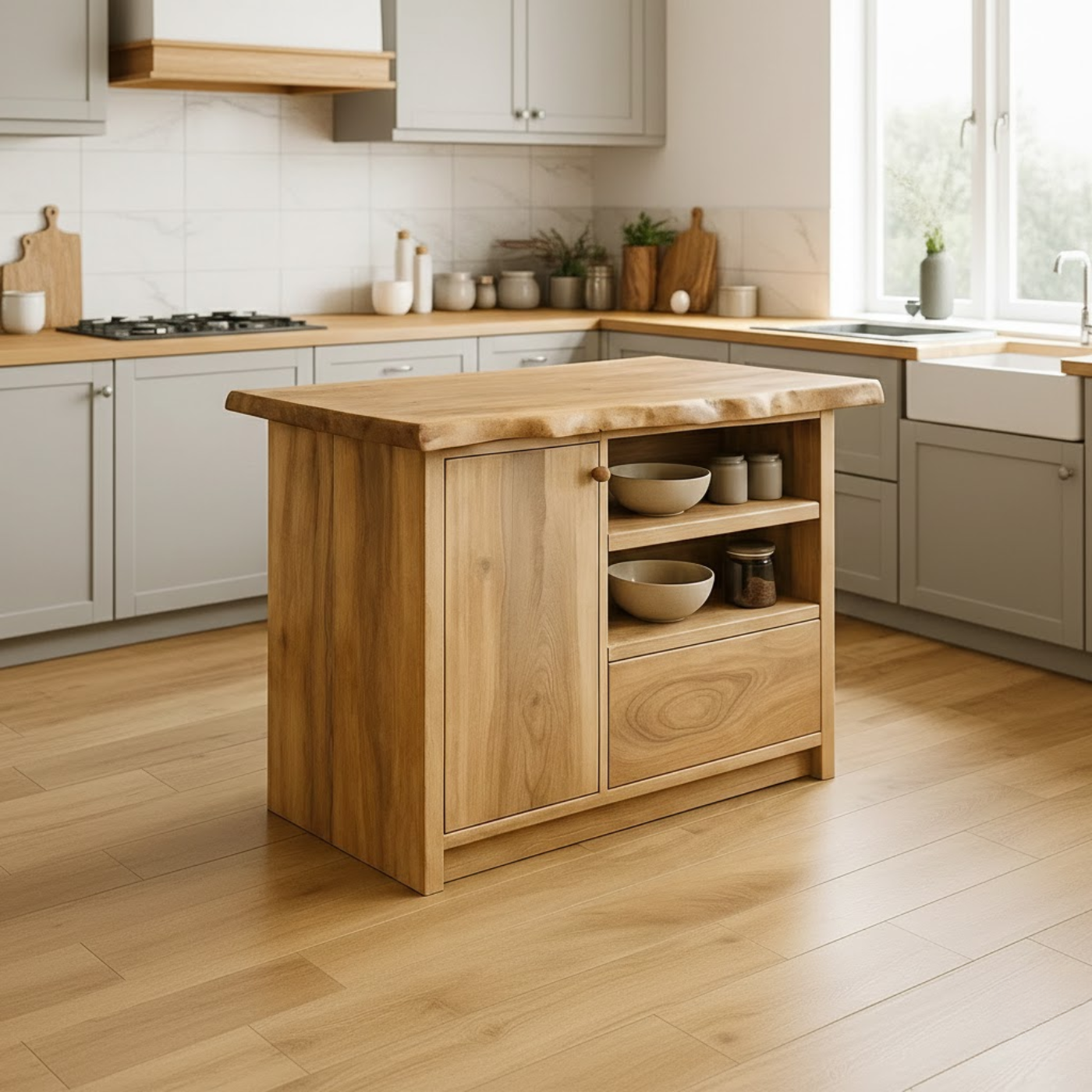 Handcrafted Solid Wood Kitchen Island with Live-Edge Top and Open Storage Shelves Lynnsnail