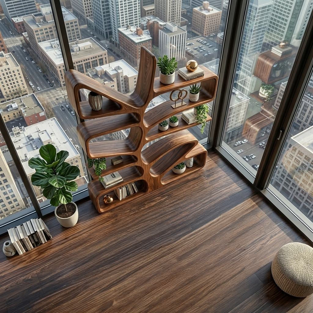 Organic Wooden Bookcase With Sculptural Form For Living Space Lynnsnail