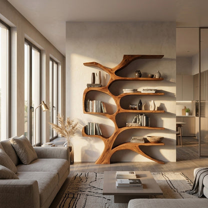 Contemporary Sculpted Wooden Bookshelf For Living Room Decor Lynnsnail