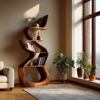 Sculptural Wooden Bookshelf For Living Room Corner Lynnsnail
