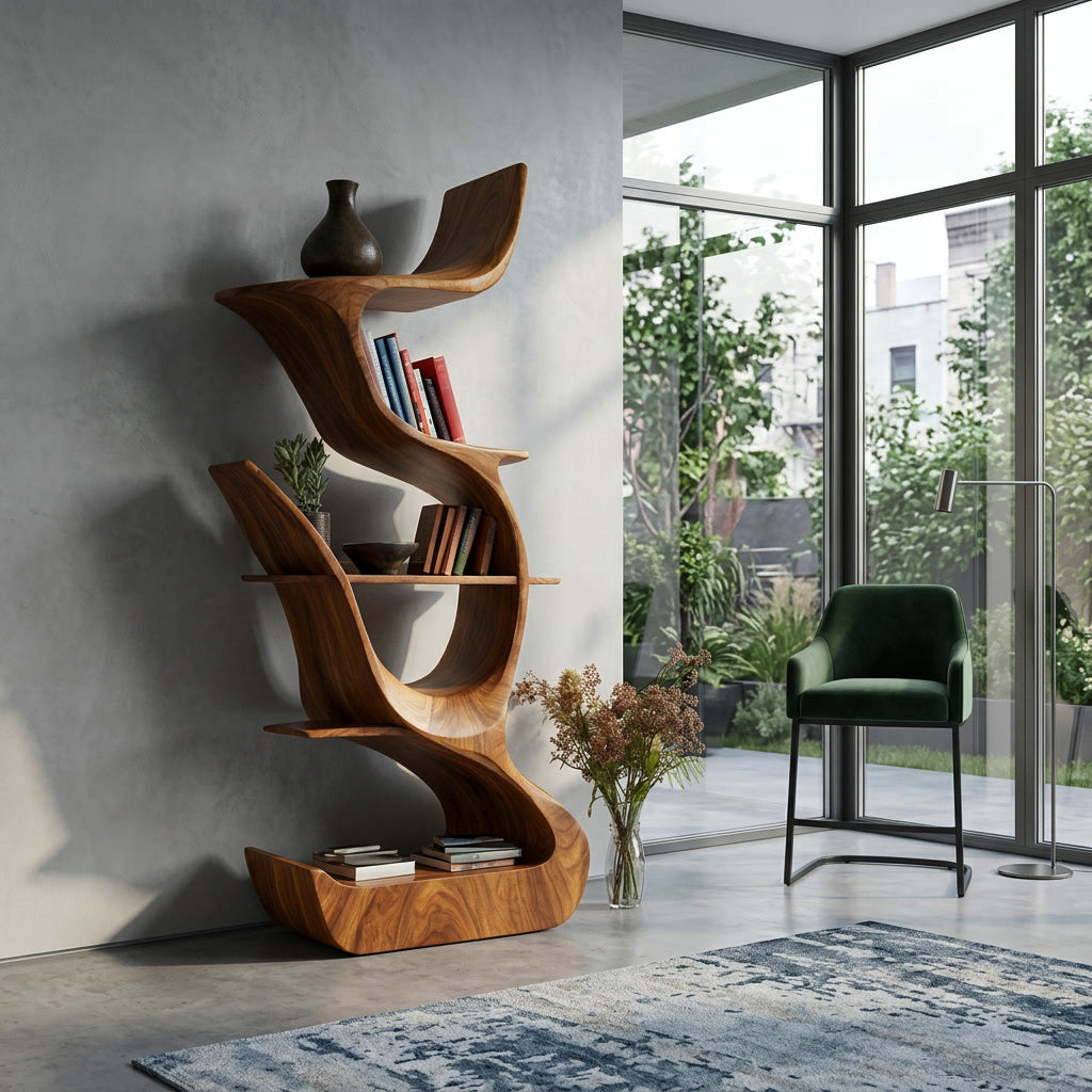 Contemporary Organic Wooden Bookshelf For Living Room Corner Lynnsnail