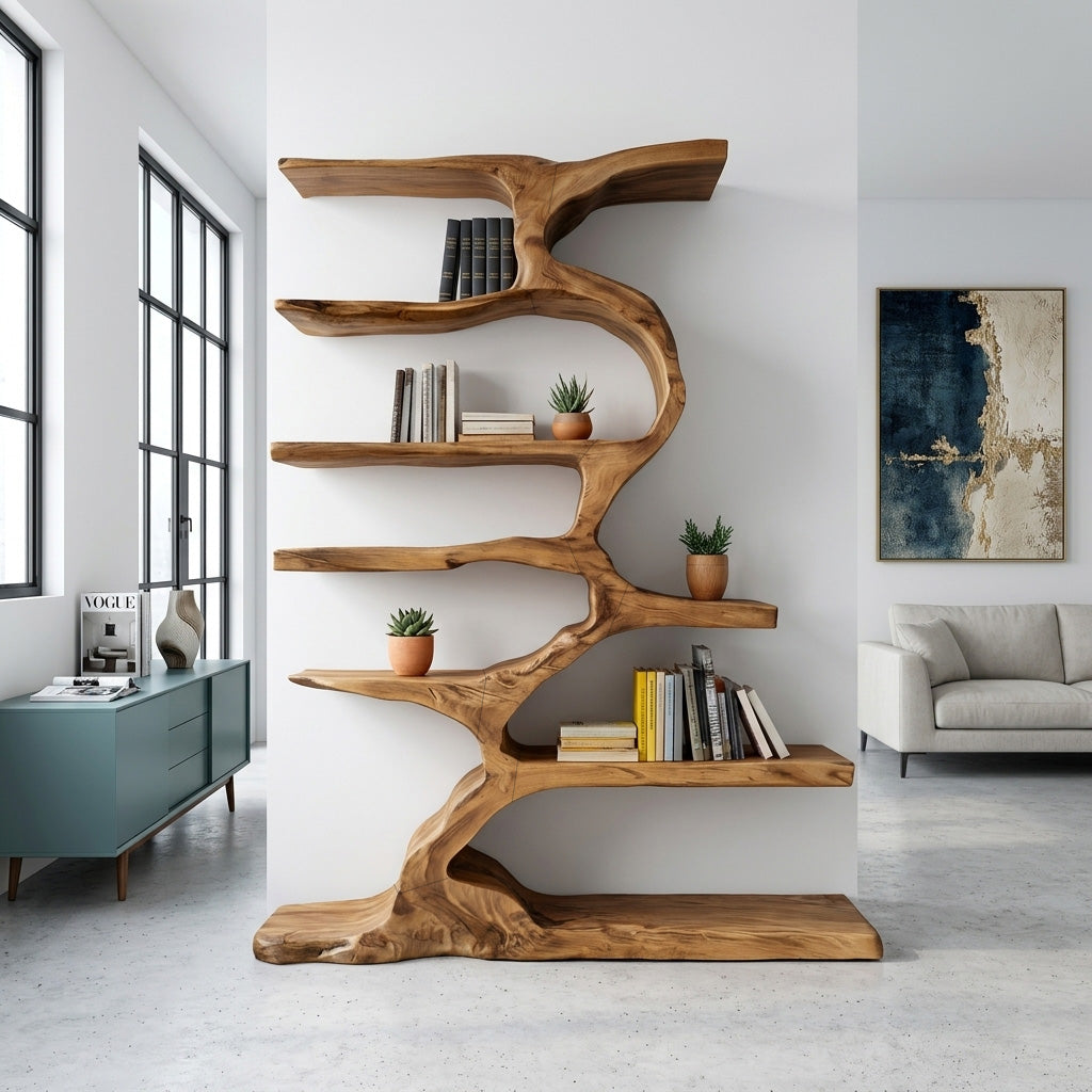 Organic Sculptural Wooden Bookshelf With Tiers For Living Room Lynnsnail