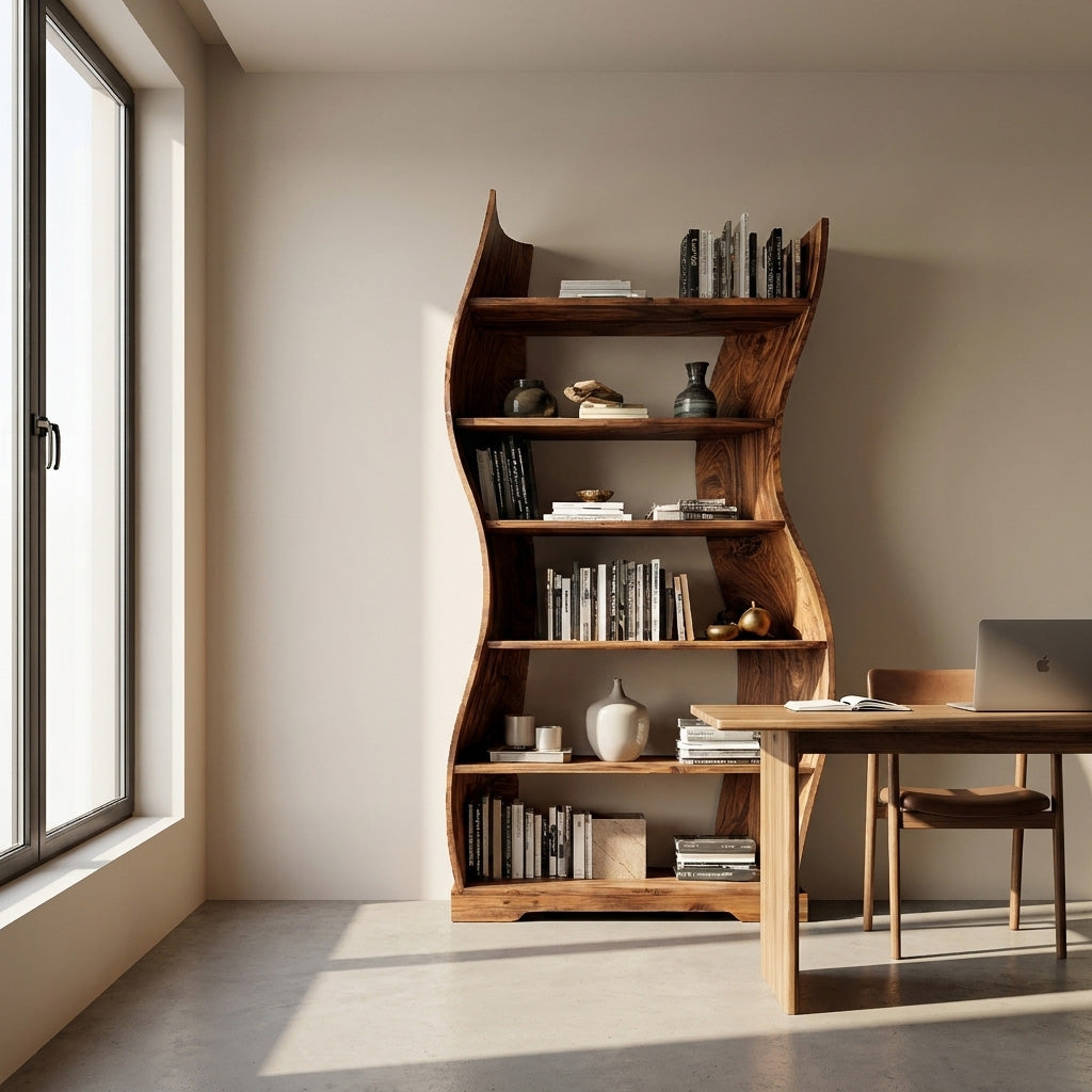 Contemporary Flowing Wooden Bookshelf For Living Room Lynnsnail