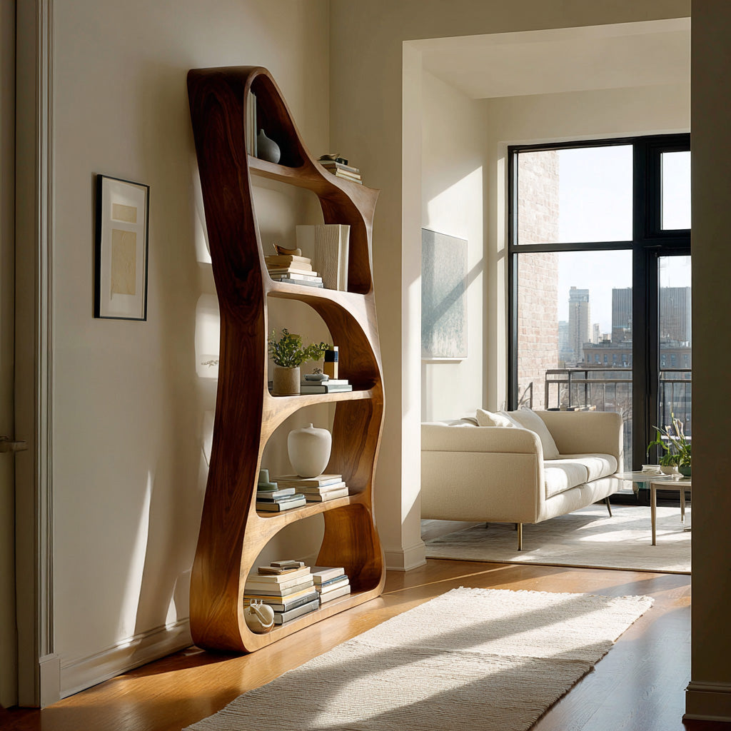 Modern Sculptural Natural Wood Bookshelf For Living Room Lynnsnail