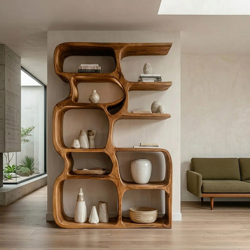 Minimalist Artistic Natural Wood Bookshelf For Living Room Lynnsnail