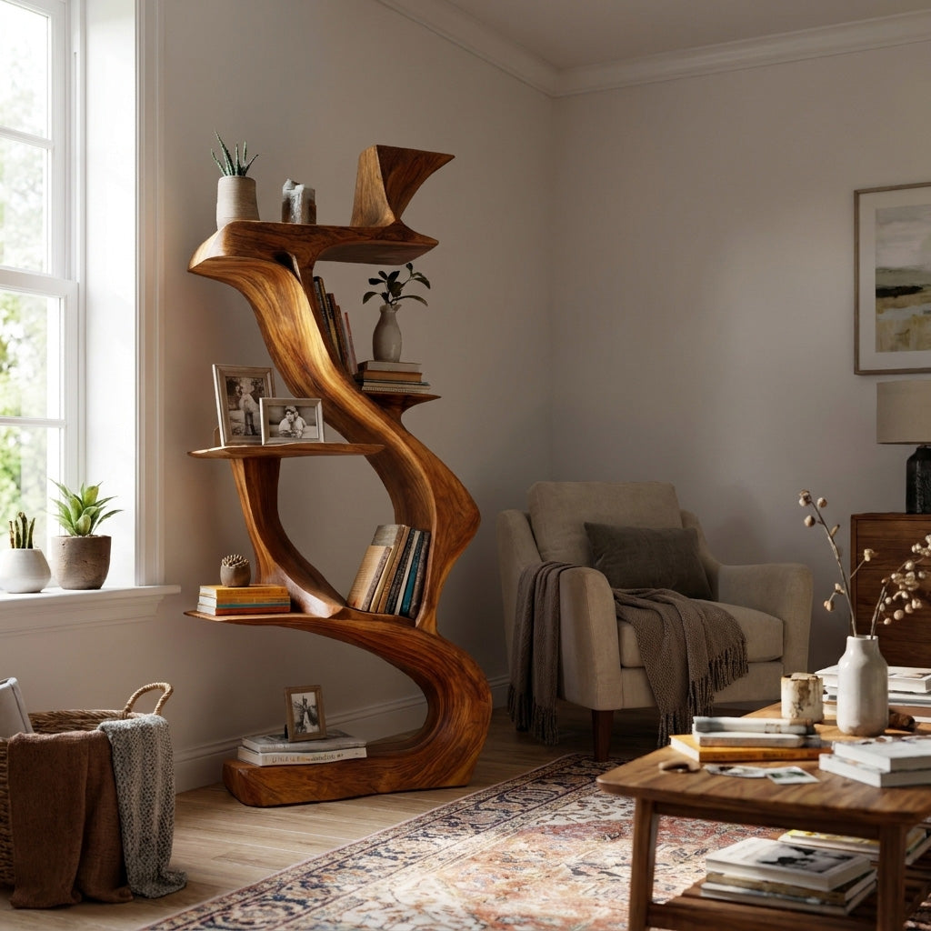 Sculptural Natural Wood Bookshelf For Living Room Lynnsnail