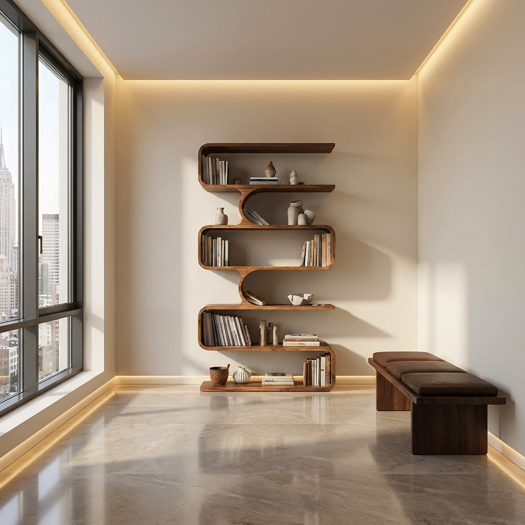 Handcrafted Wooden Bookshelf With Sculpture Edges For Living Room Lynnsnail