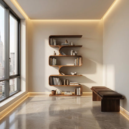 Handcrafted Wooden Bookshelf With Sculpture Edges For Living Room Lynnsnail