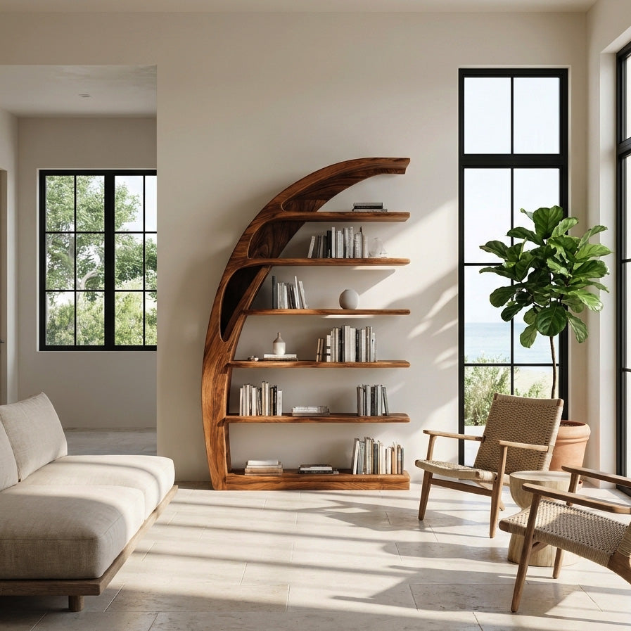 Minimal Curved Wooden Bookshelf For Living Room Display Lynnsnail