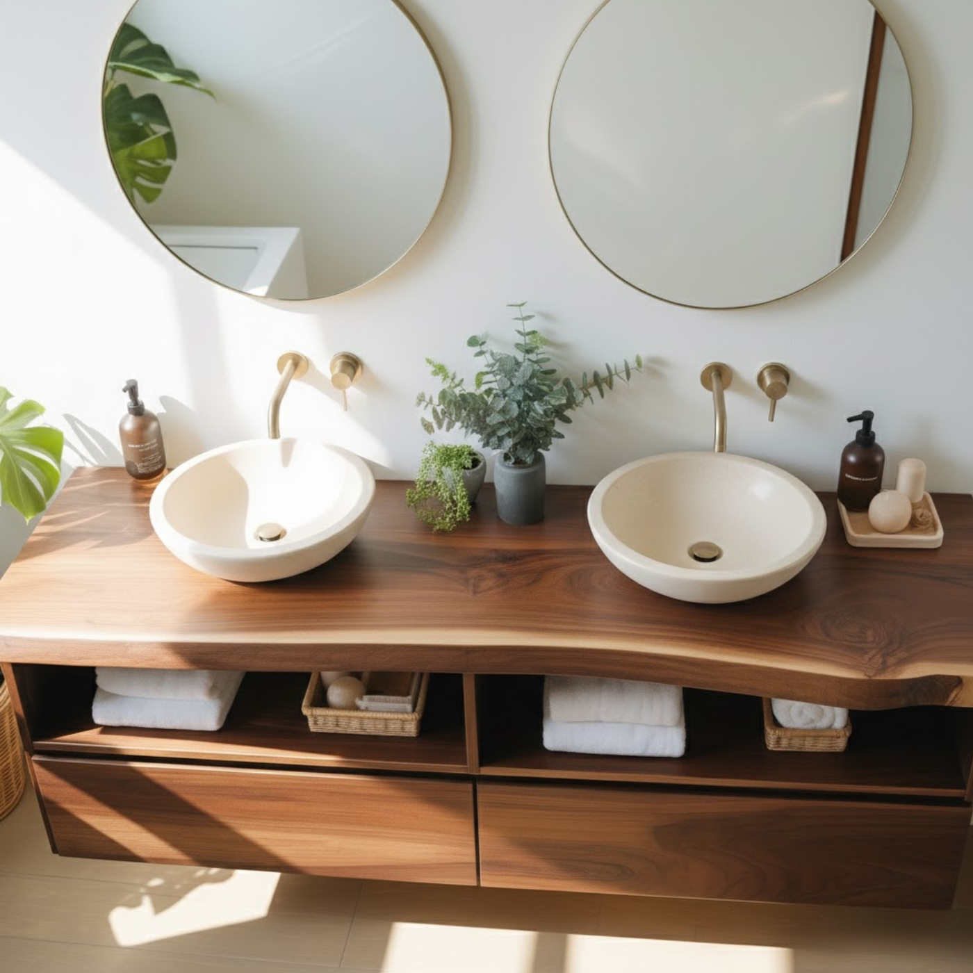 Handcrafted Solid Wood Floating Bathroom Vanity with Open Shelves & Soft-Close Drawers Lynnsnail