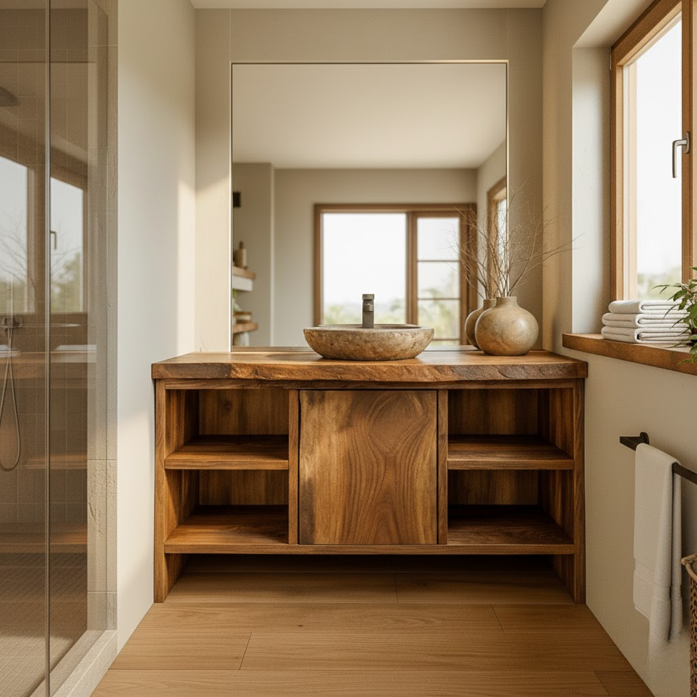 Handcrafted Solid Wood Bathroom Vanity with Central Sliding Door & Open Storage Shelves Lynnsnail
