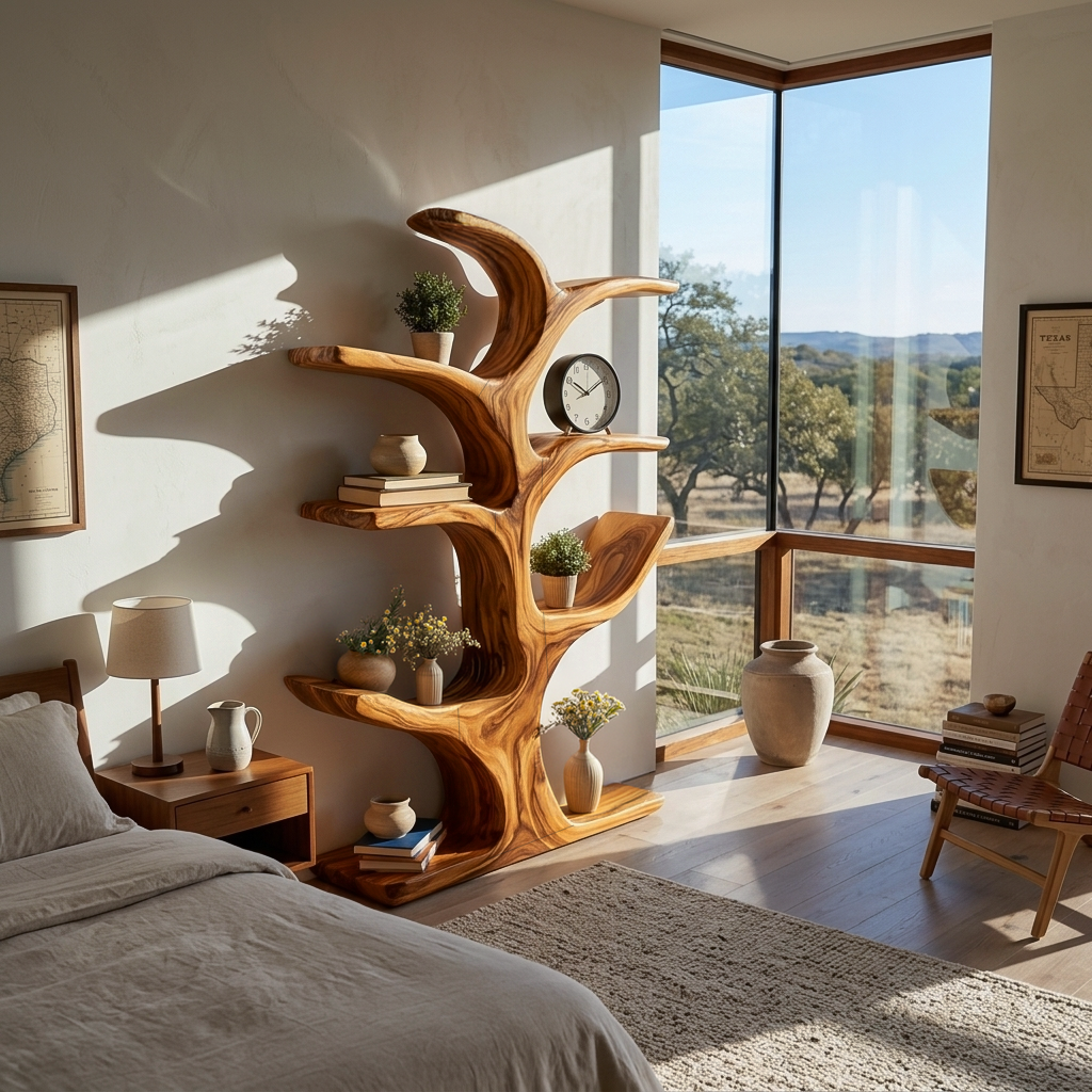 Modern Wood Bookshelf Sculptural Curved Design For Living Room Lynnsnail