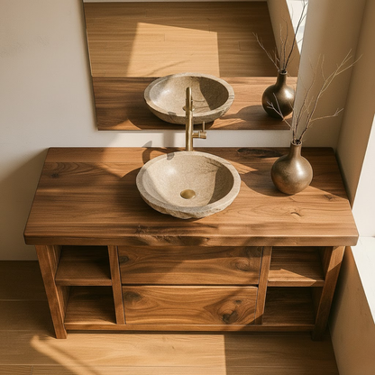 Handcrafted Solid Wood Bathroom Vanity with Live Edge Top and Curved Drawer Design Lynnsnail
