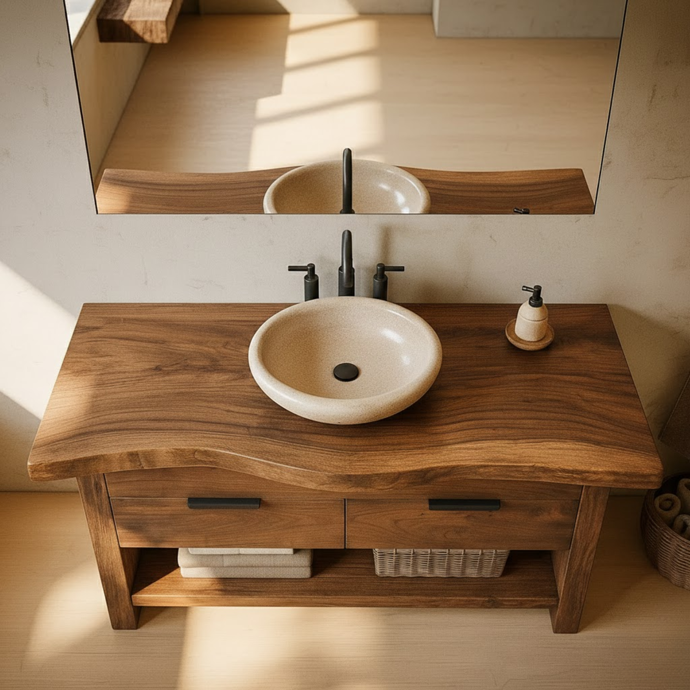 Handcrafted Solid Wood Bathroom Vanity with Live Edge Top and Open Storage Shelf Lynnsnail