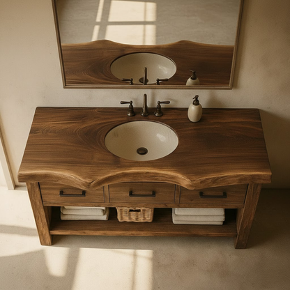 Handcrafted Solid Wood Bathroom Vanity with Live Edge Top, Triple Drawers & Open Storage Shelf Lynnsnail