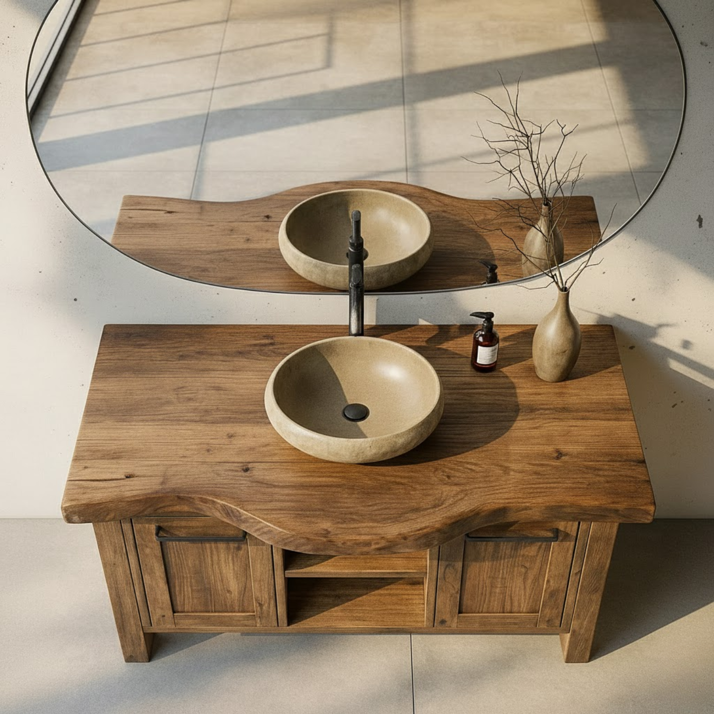 Handcrafted Solid Wood Bathroom Vanity with Live-Edge Top and Dual Side Cabinets Lynnsnail