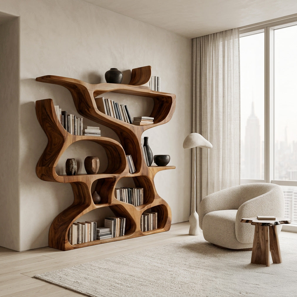 Modern Bookshelf With Organic Carved Design For Living Room Or Office Lynnsnail