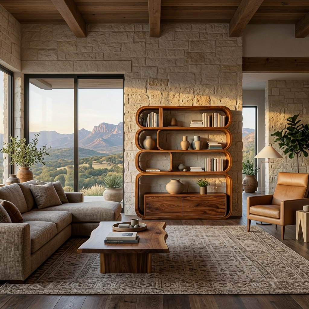 Modern Natural Wood Bookshelf With Curved Structure For Living Room Lynnsnail