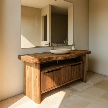 Handcrafted Solid Wood Bathroom Vanity with Live-Edge Walnut Top & Soft-Close Doors Lynnsnail