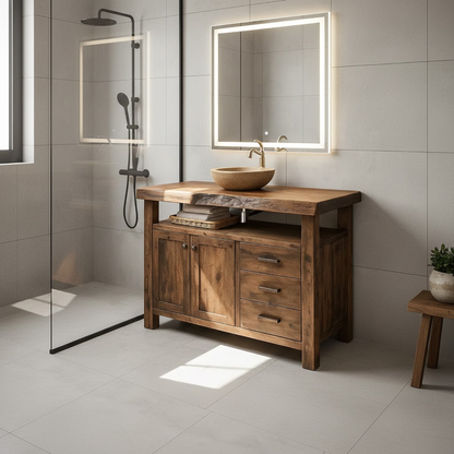 Handcrafted Solid Wood Bathroom Vanity with Live Edge Walnut Top, 3 Drawers and Cabinet