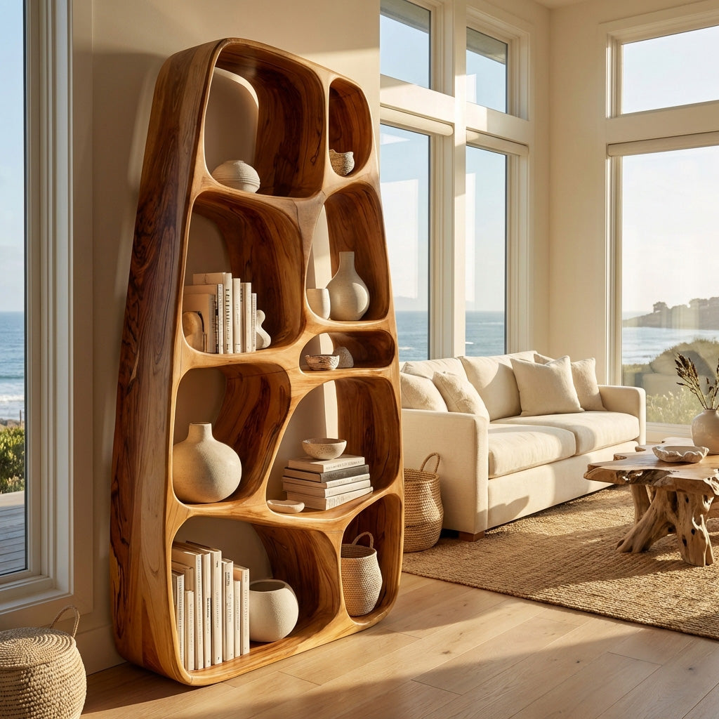 Handcrafted Wooden Sculptural Bookshelf For Living Room Lynnsnail
