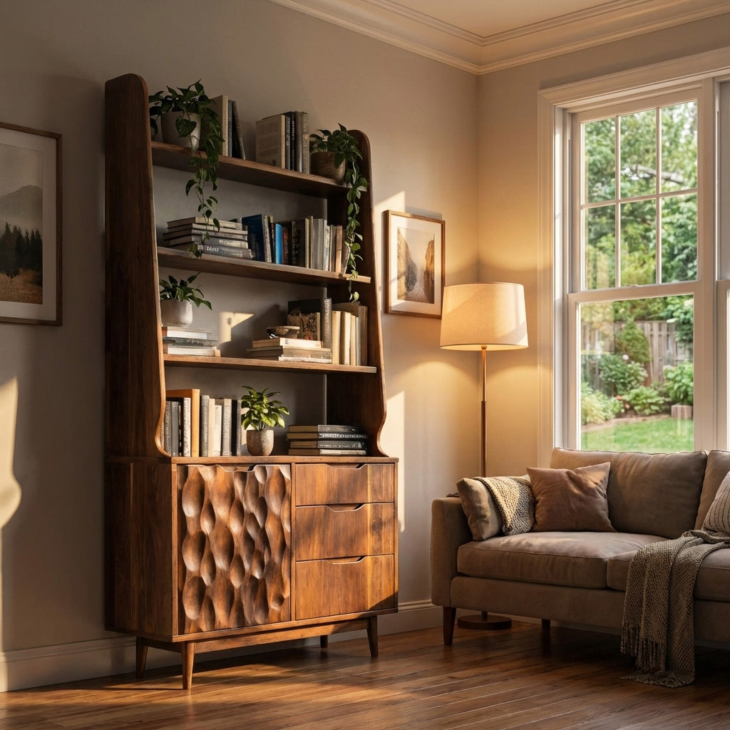 Organic Carved Wooden Bookshelf For Living Room Lynnsnail