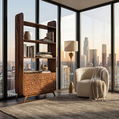 Contemporary Wooden Bookshelf With Sculpted Door Panels For Living Lynnsnail