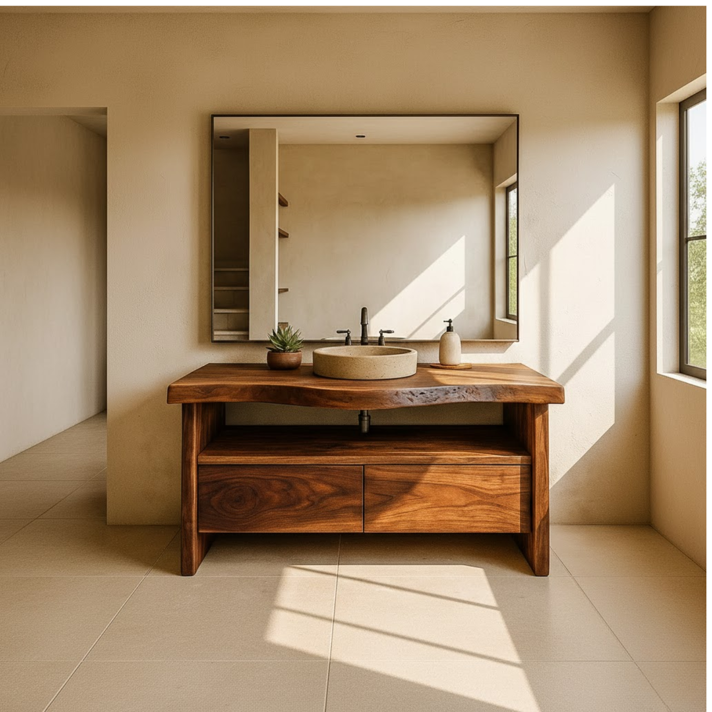 Handcrafted Solid Wood Bathroom Vanity with Live-Edge Walnut Top and Modern Storage Drawers Lynnsnail