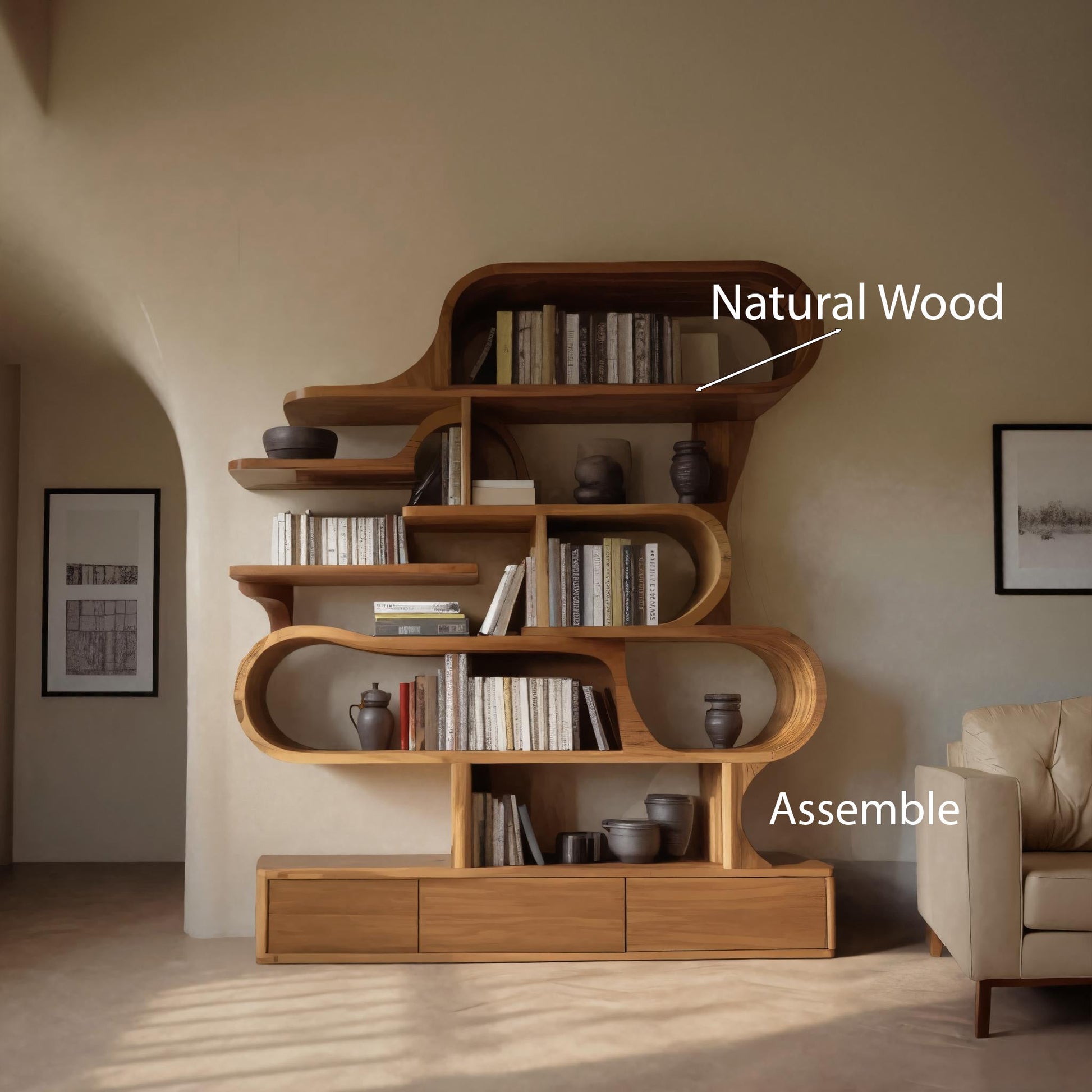 Modern Sculptural Bookshelf With Curved Design For Living Room Or Office Lynnsnail
