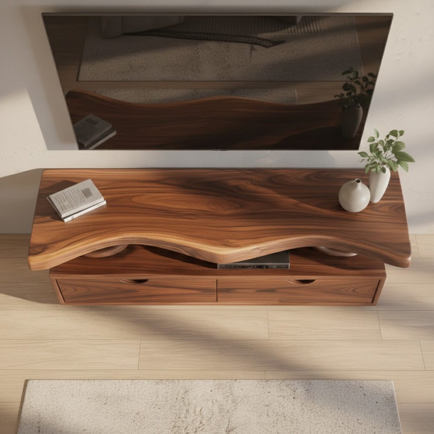 Handcrafted Solid Wood TV Stand with Sculpted Live-Edge Floating Shelf Lynnsnail