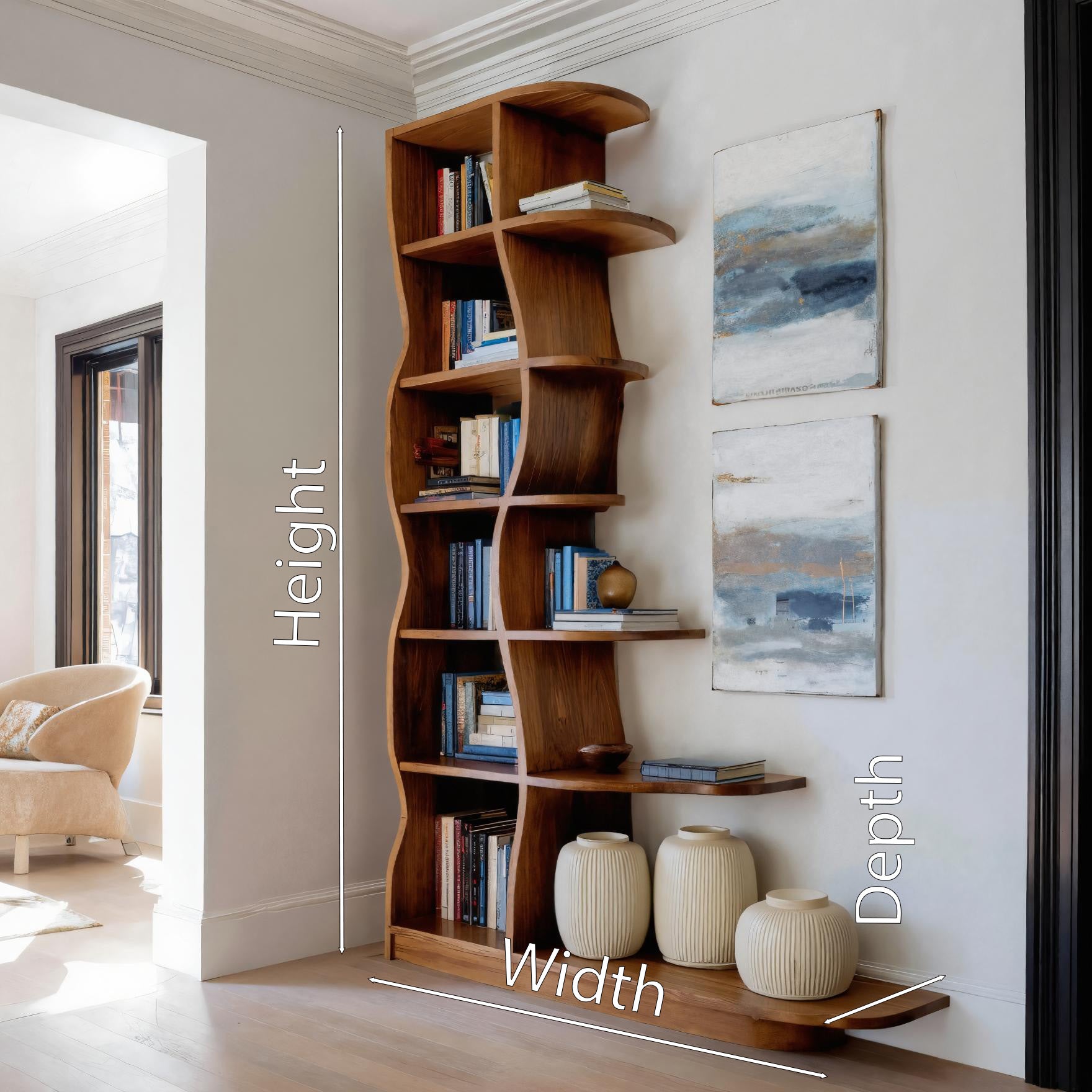 Modern Bookshelf With Wavy Design For Living Room Lynnsnail