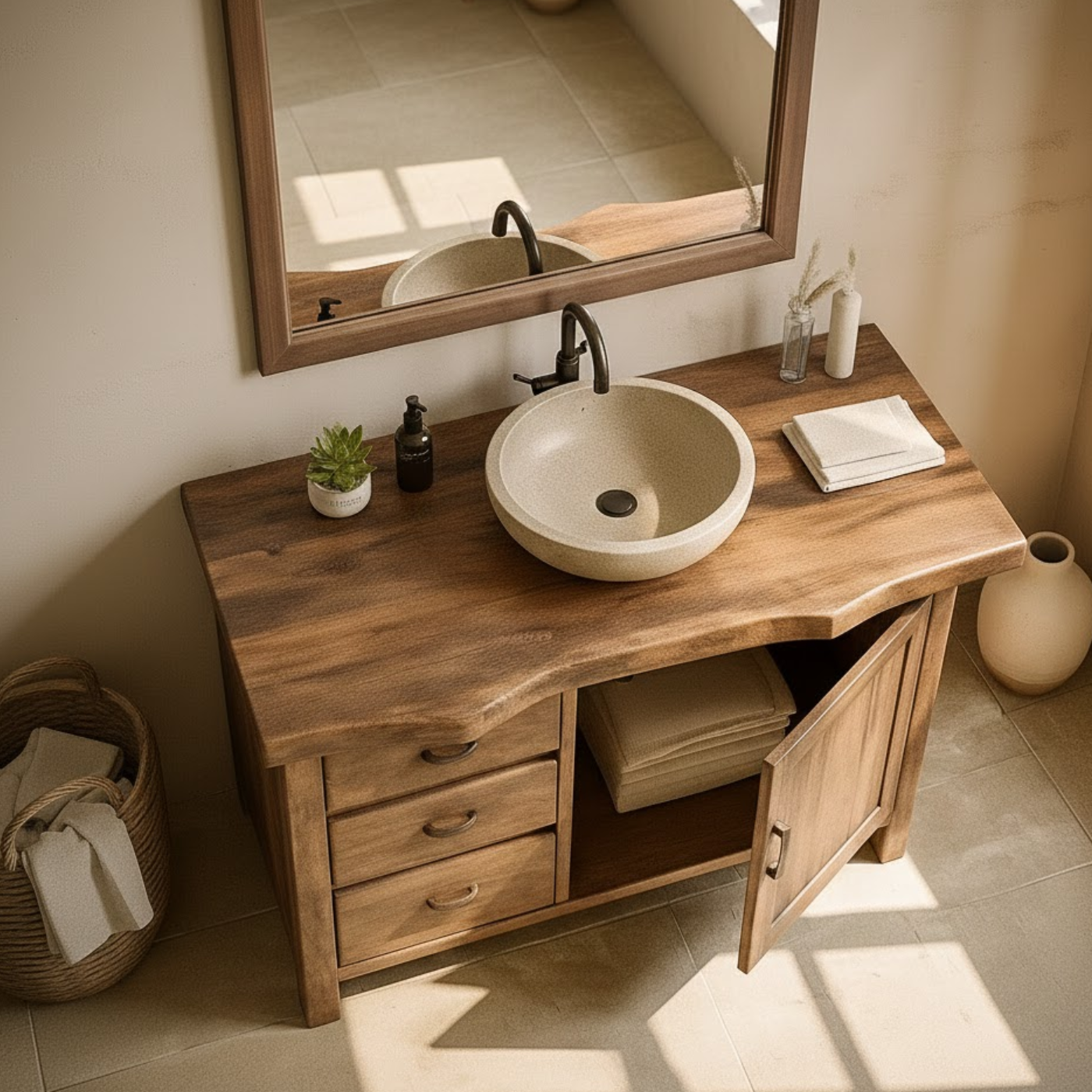 Handcrafted Solid Wood Bathroom Vanity with Live-Edge Top and Storage Drawers Lynnsnail