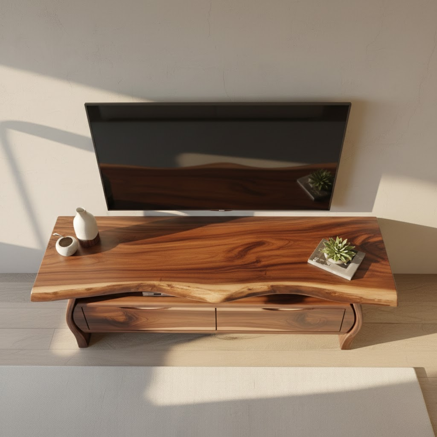 Handcrafted Live-Edge Solid Wood TV Stand with Sculpted Curved Base Lynnsnail