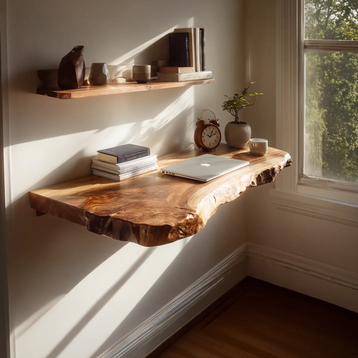 Live Edge Solid Wood Floating Desk Shelf for Small Spaces Lynnsnail