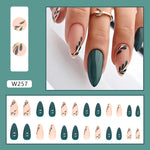 Almond Press-On Nails – Dark Green & Gold Leaf Floral French Design
