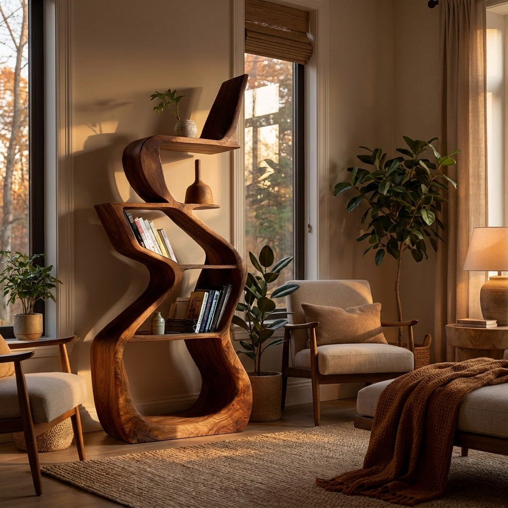Sculptural Wooden Bookshelf For Living Room Corner Lynnsnail