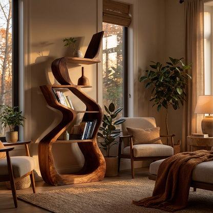 Sculptural Wooden Bookshelf For Living Room Corner Lynnsnail