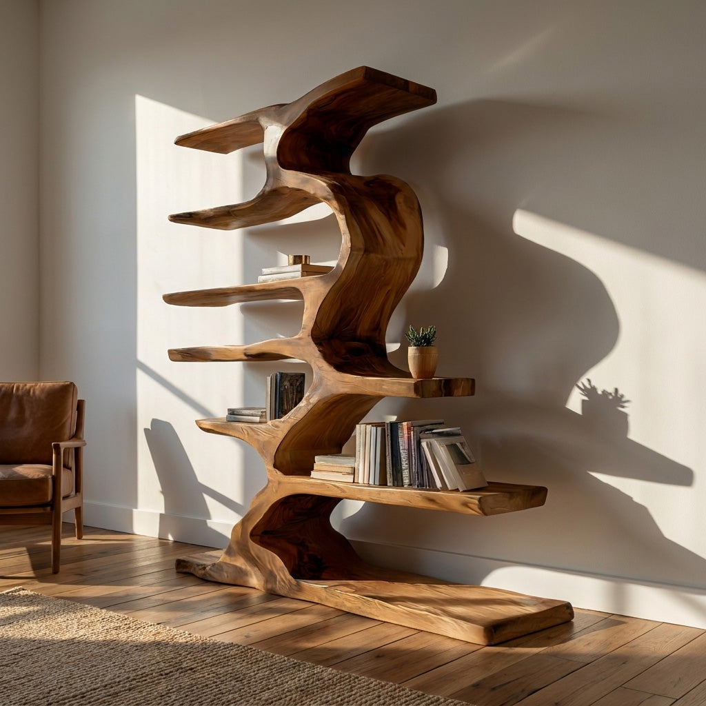 Organic Sculptural Wooden Bookshelf With Tiers For Living Room Lynnsnail